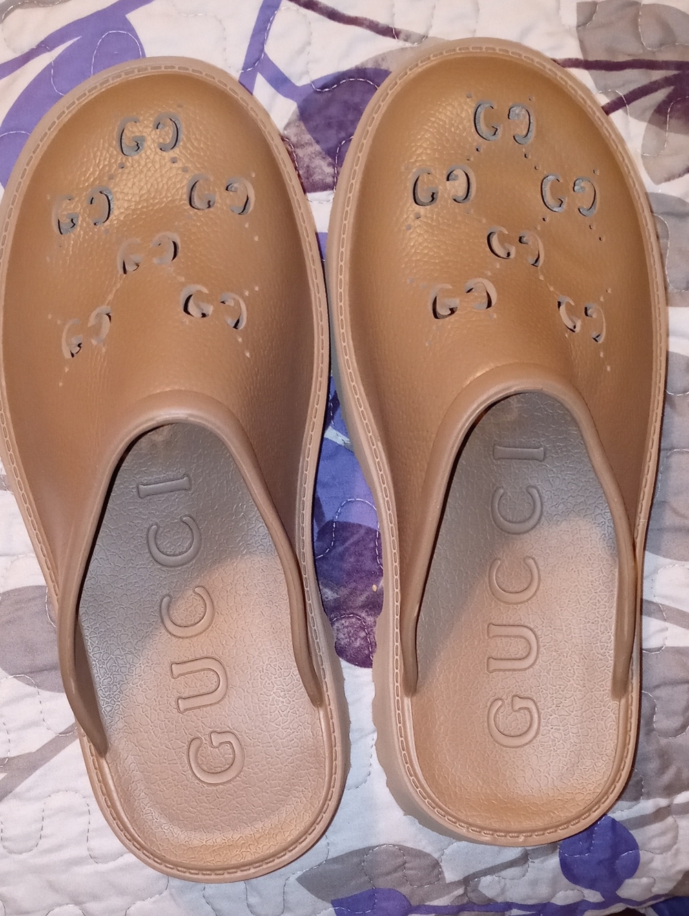 Gucci Tan Perforated Logo Slip-On Clogs